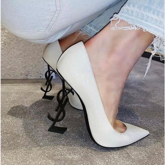 YSL Saint Laurent Opyum White Patent Leather High Heel Pump 38.5 - Picture 1 of 12